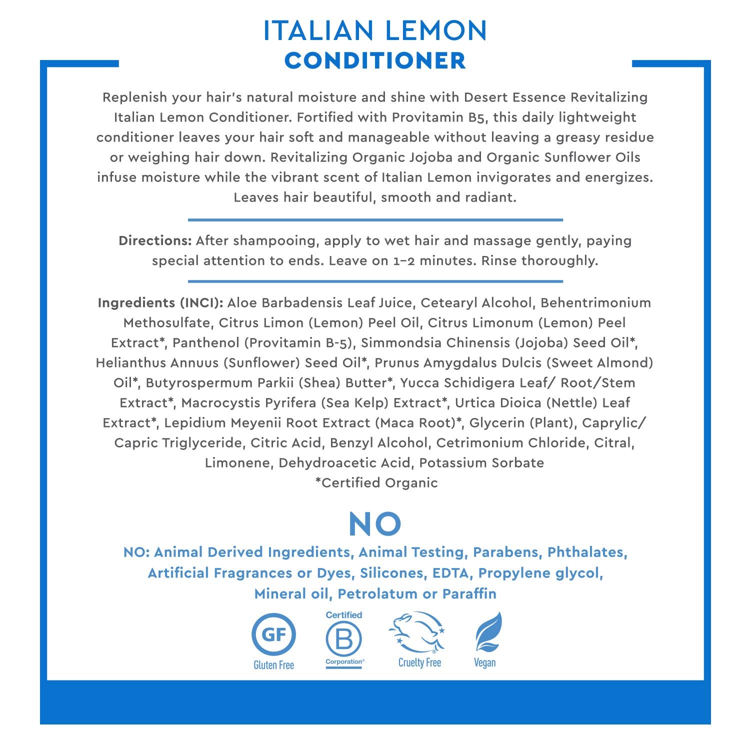 Desert Essence Italian Lemon Conditioner bottle with shiny, healthy-looking hair result.