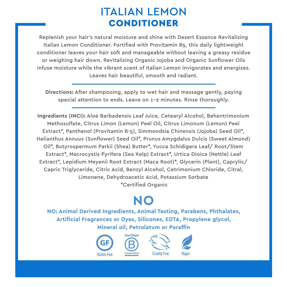 Desert Essence Italian Lemon Conditioner bottle with shiny, healthy-looking hair result.