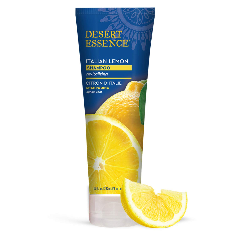 Desert Essence Italian Lemon Clarifying Shampoo bottle front view, highlighting refreshing lemon cleanse.