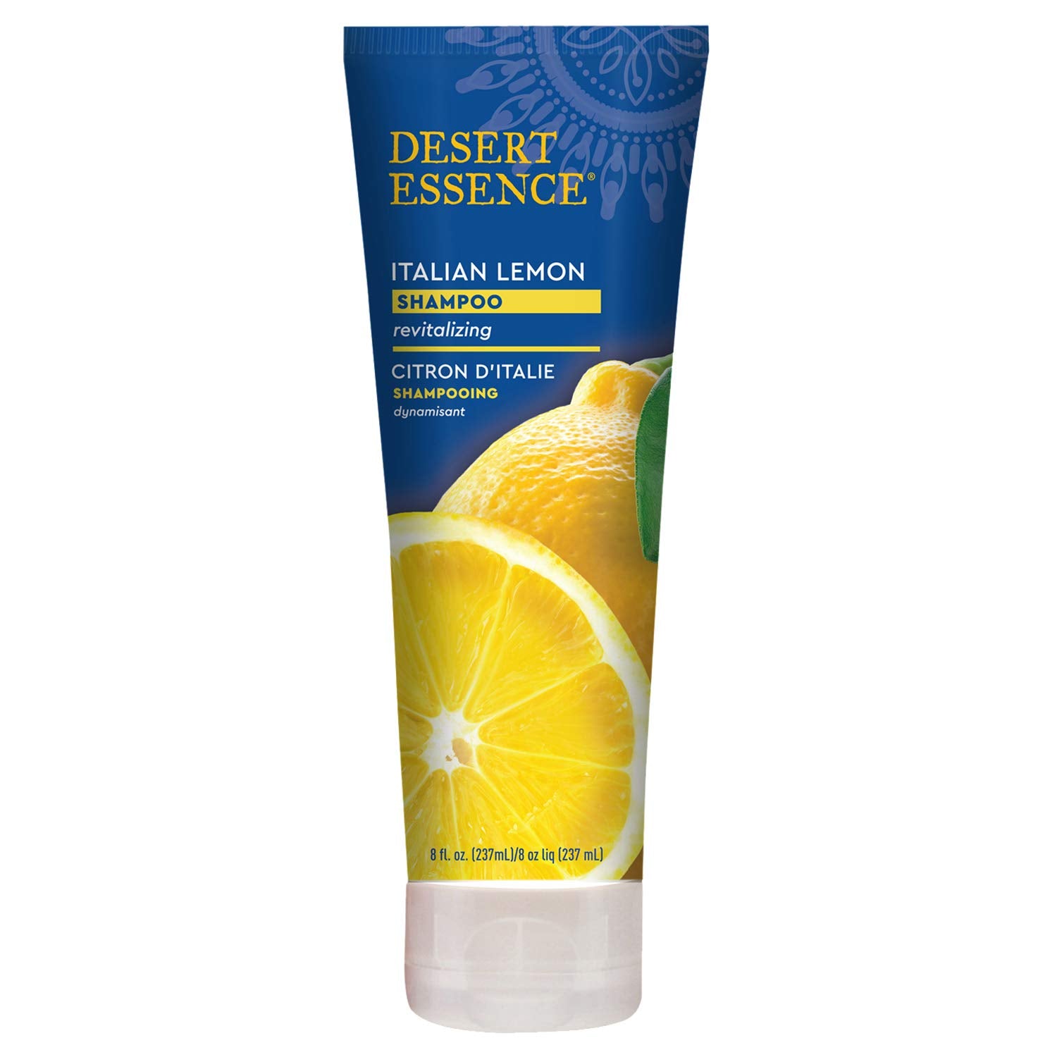 Desert Essence Italian Lemon Clarifying Shampoo label closeup notes vegan and gluten-free formula.