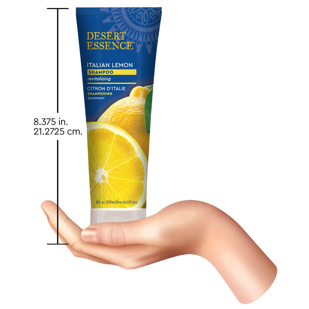 Desert Essence Italian Lemon Shampoo on bathroom shelf signals easy daily routine.