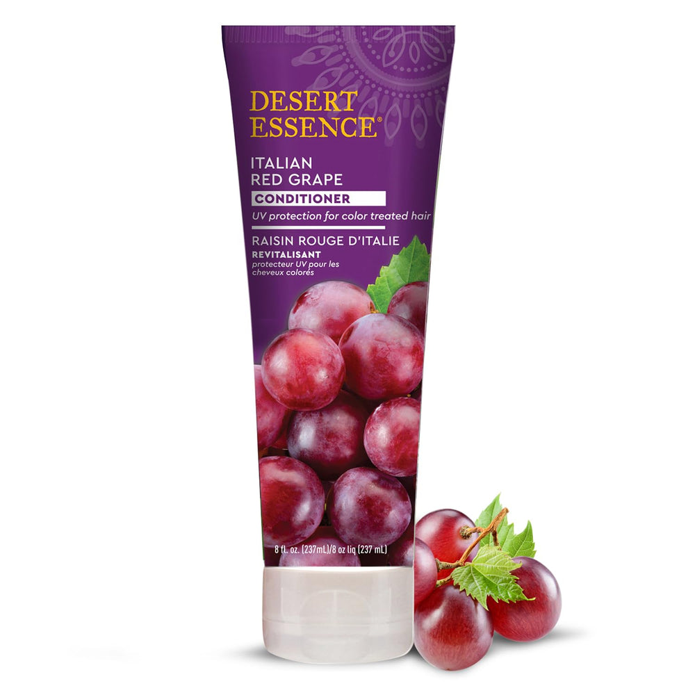 Desert Essence Italian Red Grape Conditioner bottle highlights antioxidant protection for color-treated hair daily