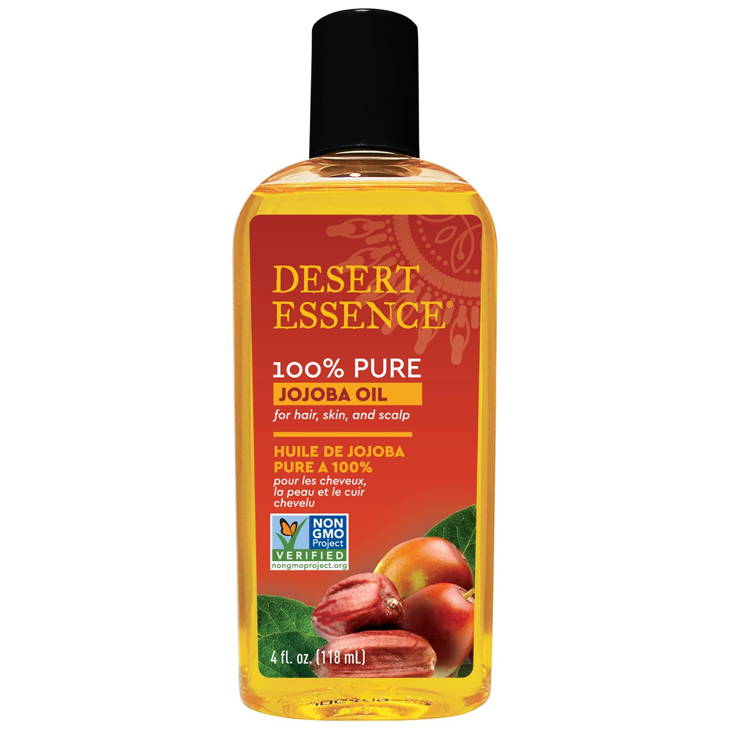 Desert Essence jojoba oil bottle demonstrates pure, non-greasy hydration for skin, hair, and scalp