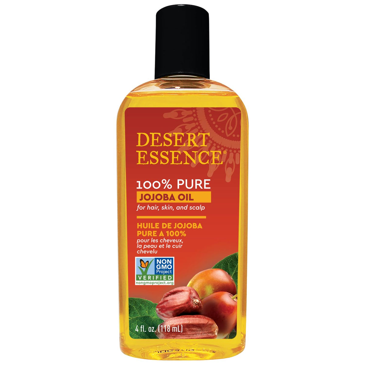 Desert Essence jojoba oil bottle demonstrates pure, non-greasy hydration for skin, hair, and scalp