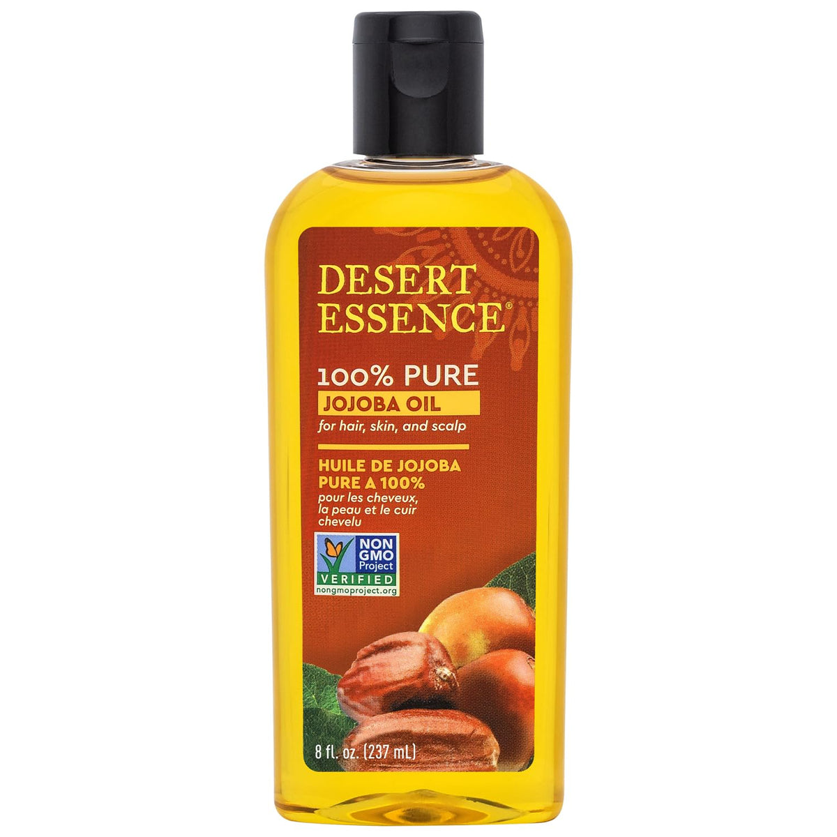 Desert Essence jojoba oil bottle shows pure, multipurpose hydration for skin and hair.