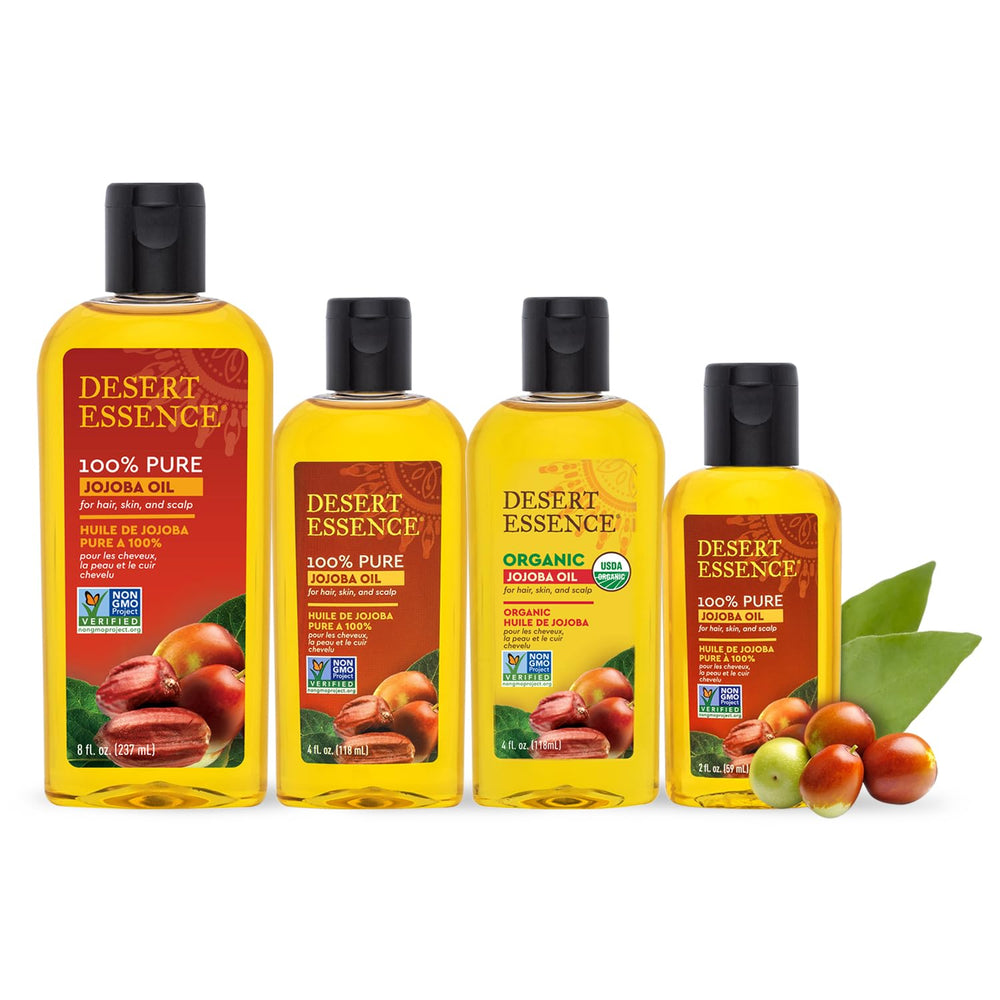 Desert Essence jojoba oil cold-pressed label emphasizes nutrient-rich purity.