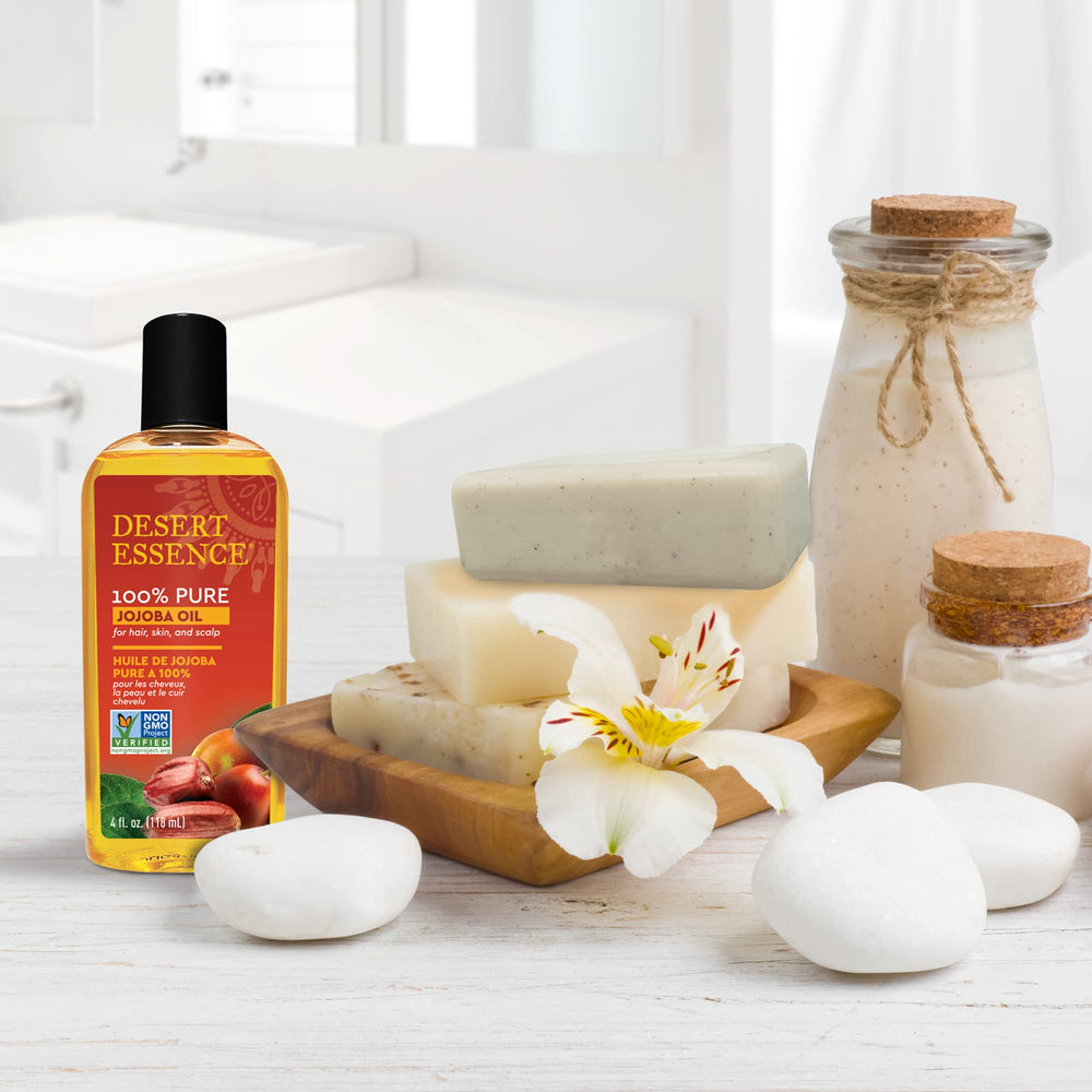 Desert Essence Jojoba Oil bottle shown with cruelty-free sustainable sourcing.