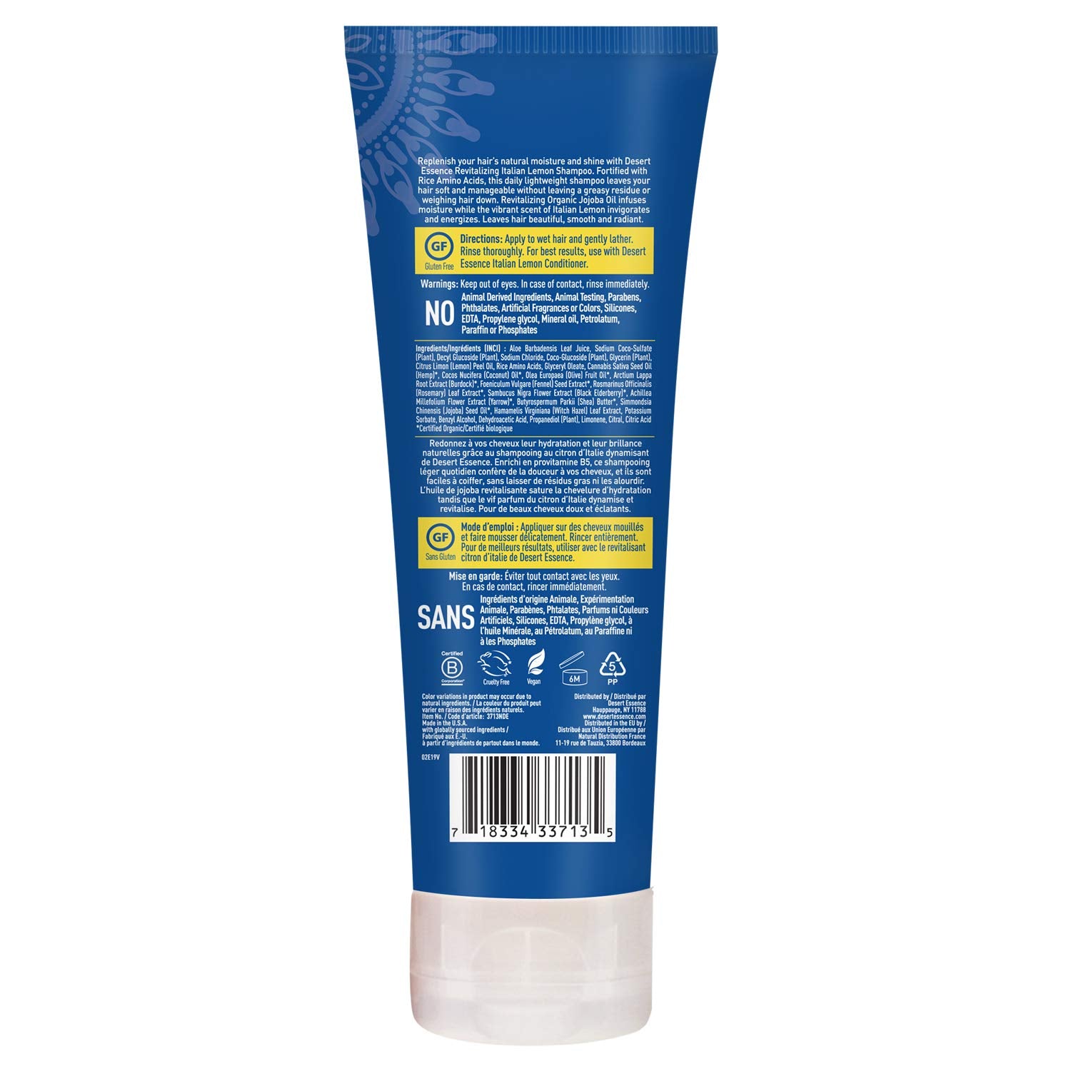 Desert Essence lemon peel oil illustration emphasizes clarifying cleanse with natural citrus.