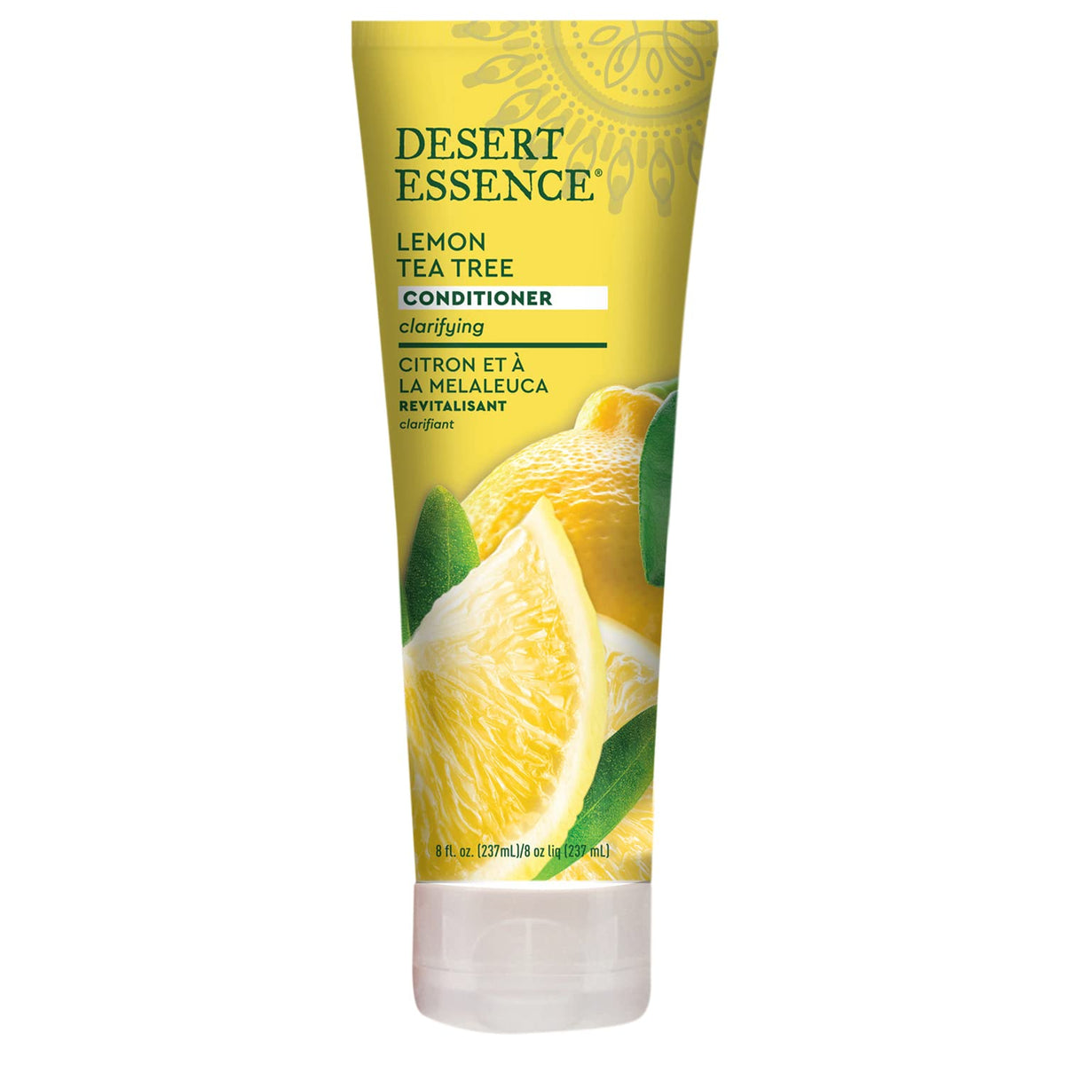 Desert Essence Lemon Tea Tree Conditioner bottle shows lightweight hydration for oil-prone hair