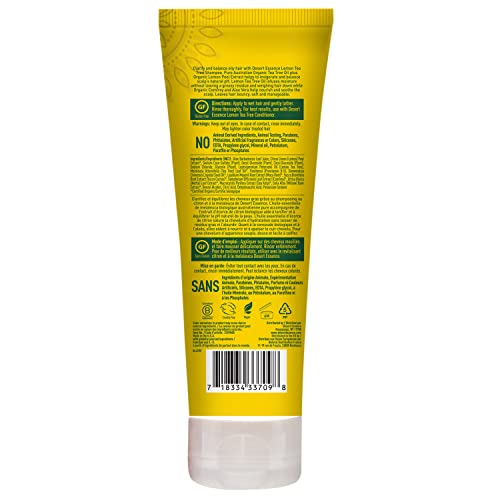 Desert Essence Lemon Tea Tree Shampoo label closeup emphasizes maca root and citrus notes.