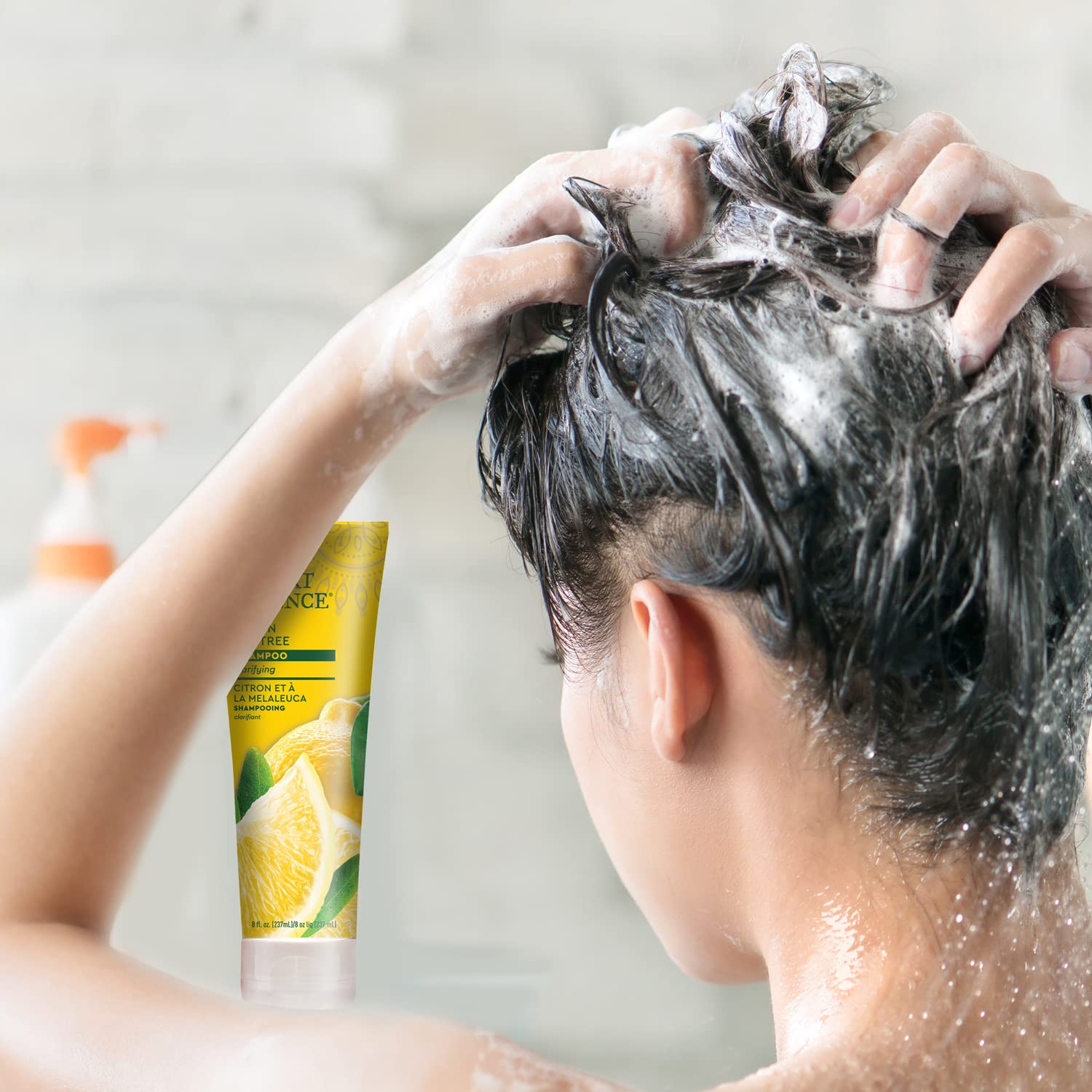 Desert Essence Lemon Tea Tree Shampoo pump dispense for easy, measured use.