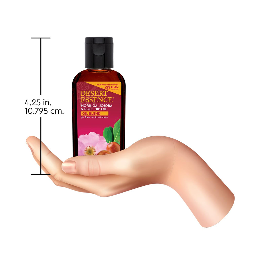Desert Essence Moringa, Jojoba & Rose Hip Oil texture closeup shows silky finish