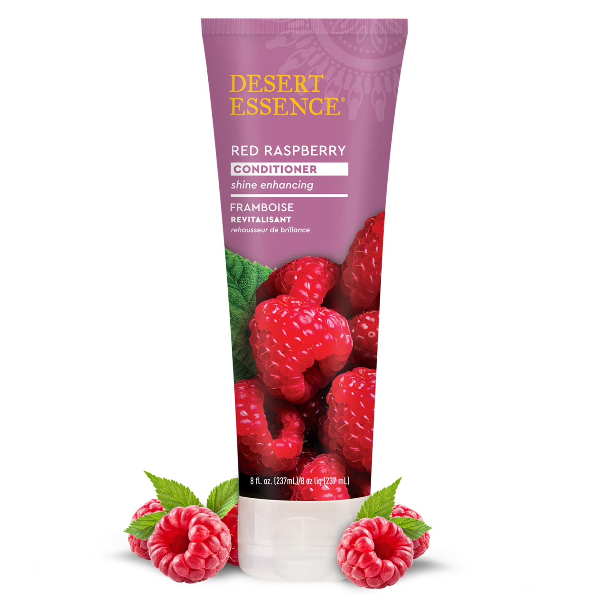 Desert Essence Red Raspberry Conditioner label closeup emphasizes vitamin A and C rich conditioning.