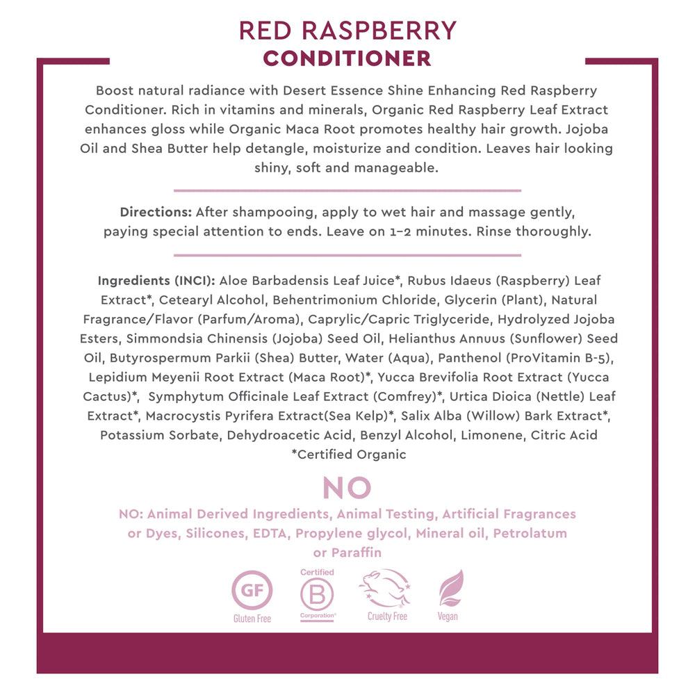 Desert Essence Red Raspberry Conditioner shiny-hair result after rinse emphasizes glow and manageability.