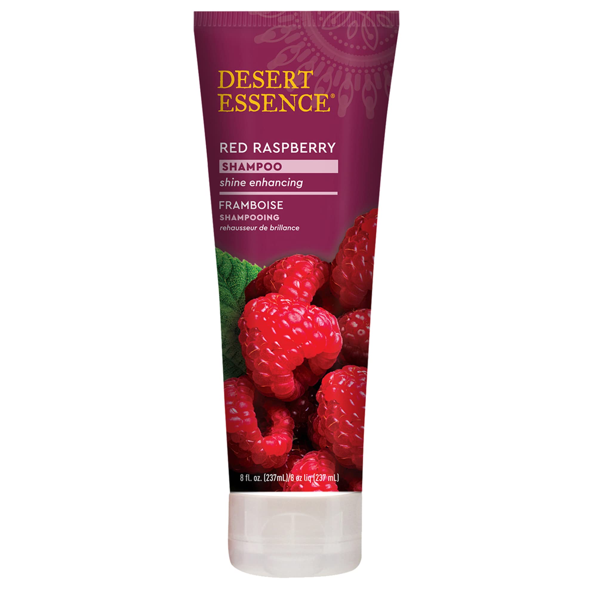 Desert Essence Red Raspberry Shampoo bottle delivering lasting shine.