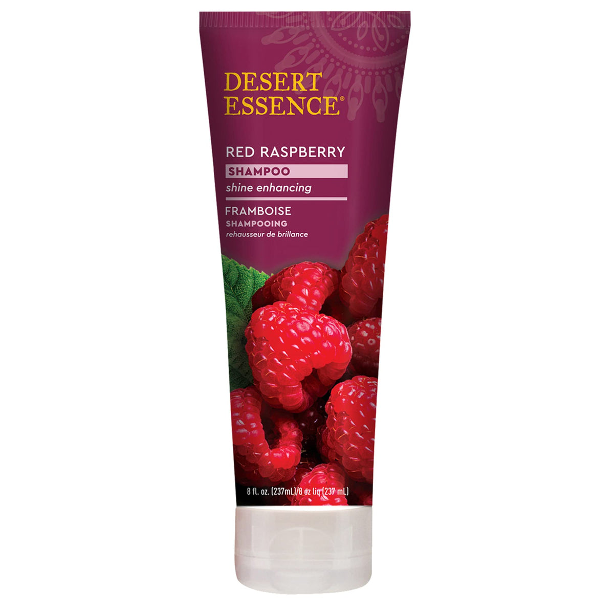 Desert Essence Red Raspberry Shampoo bottle delivering lasting shine.