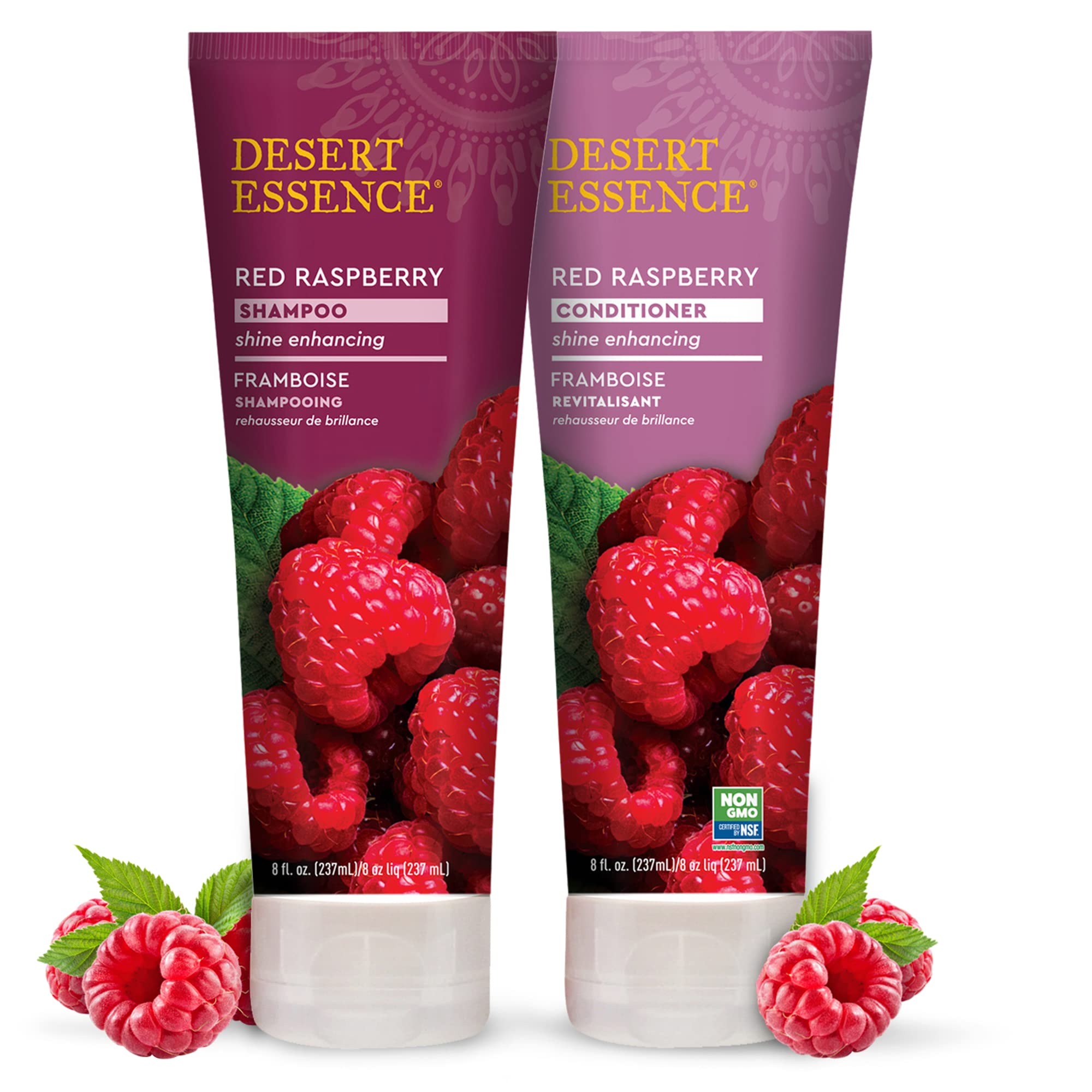 Close-up of Desert Essence Raspberry Shampoo bottle emphasizing vitamin-rich formula.