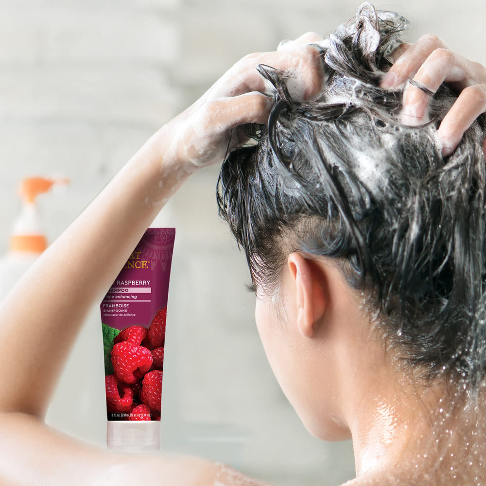 Desert Essence shampoo ingredients highlight raspberry extract and aloe for hair strength.