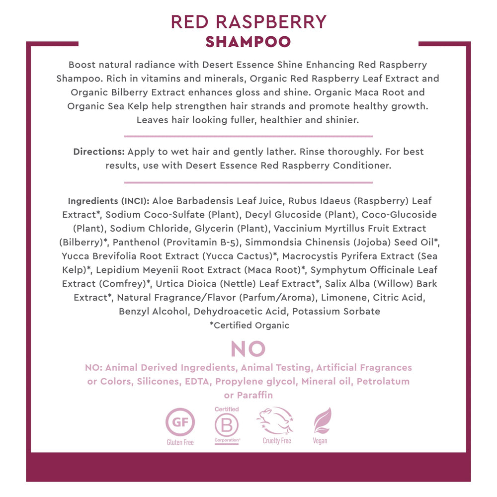 Desert Essence Red Raspberry Shampoo with organic certification.