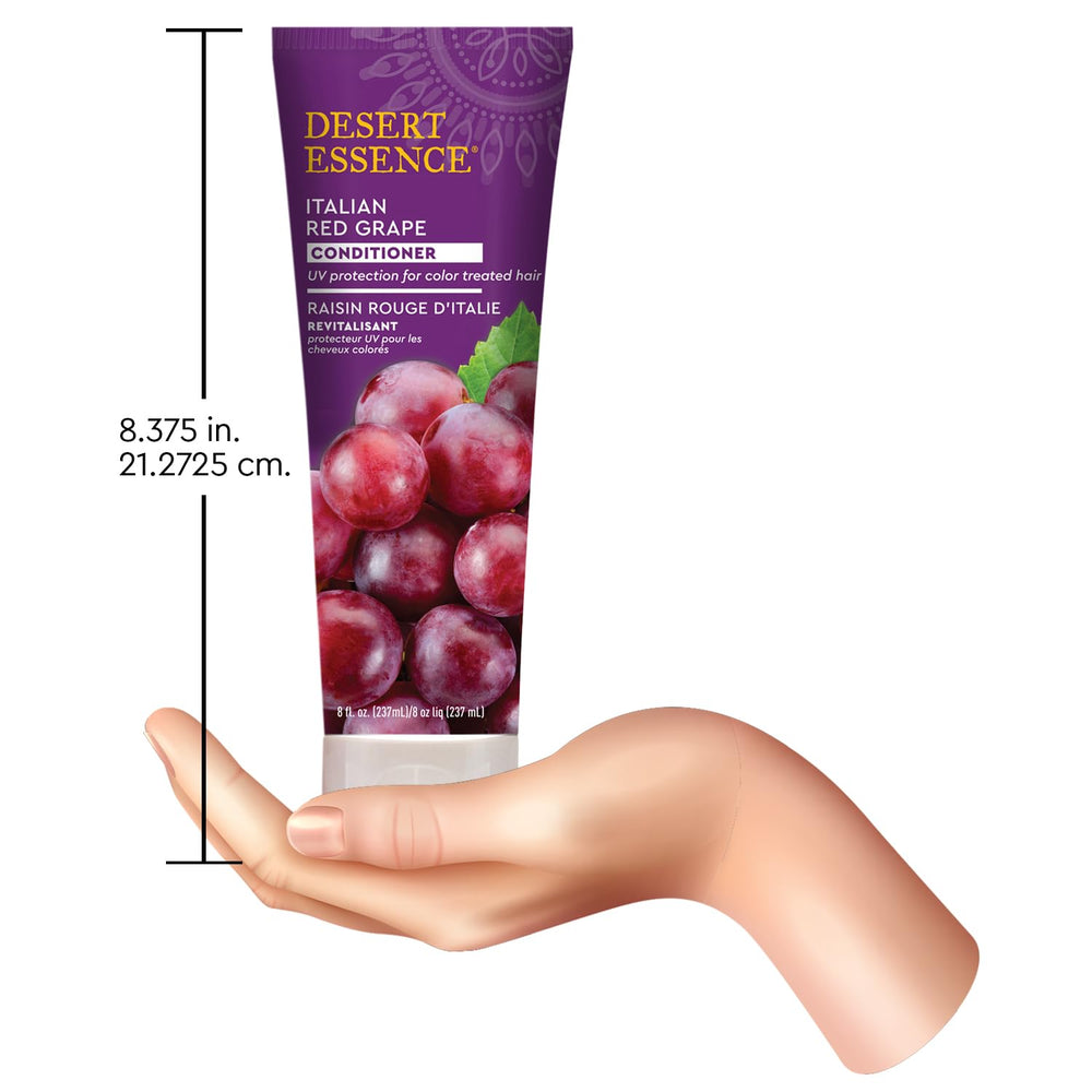 Desert Essence Italian Red Grape Conditioner close-up shows resveratrol and grape-seed antioxidants for vibrant hair