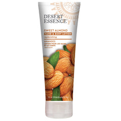 Desert Essence Sweet Almond hand and body lotion bottle delivering creamy hydration for hands