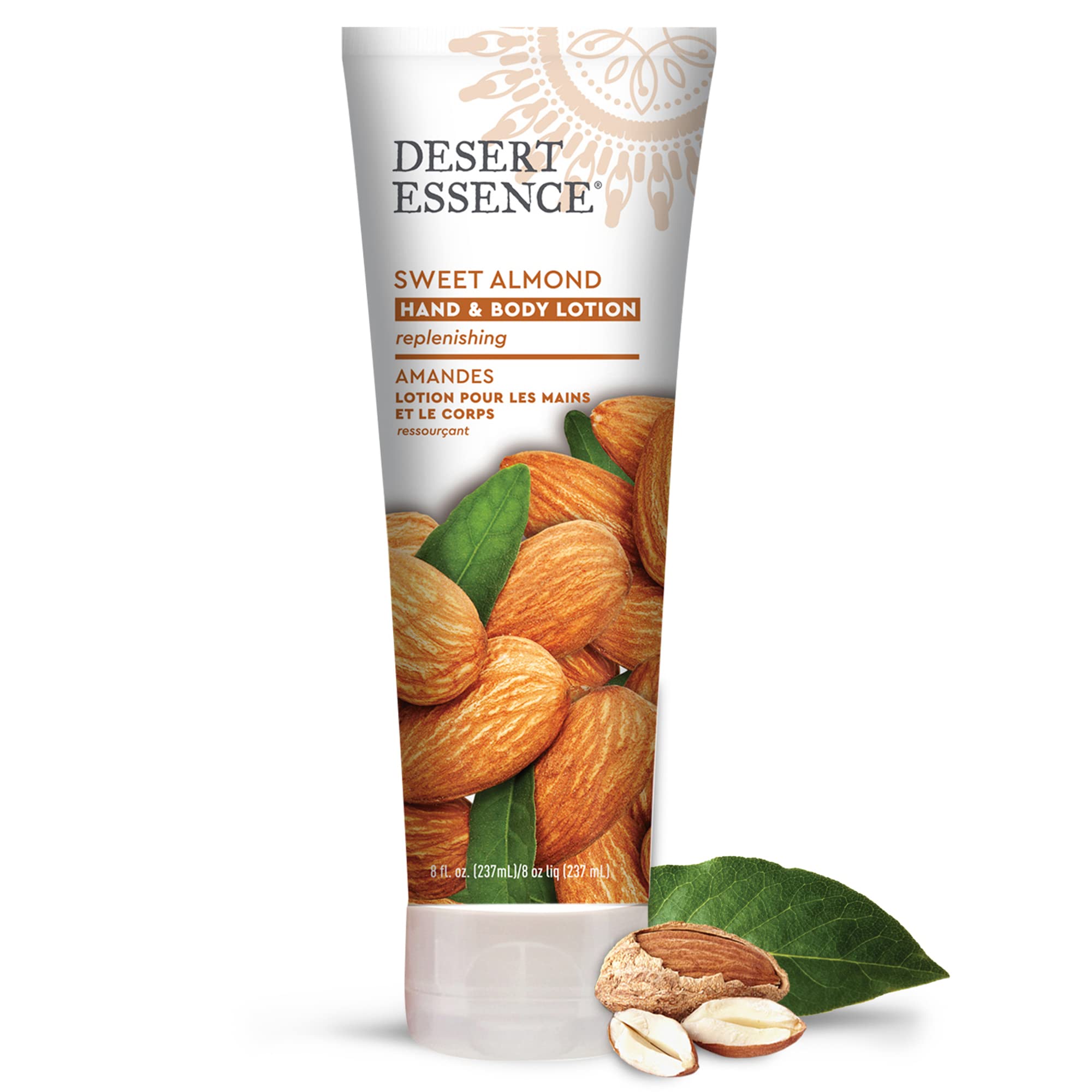 Desert Essence Sweet Almond lotion close-up shows rich texture for lasting softness