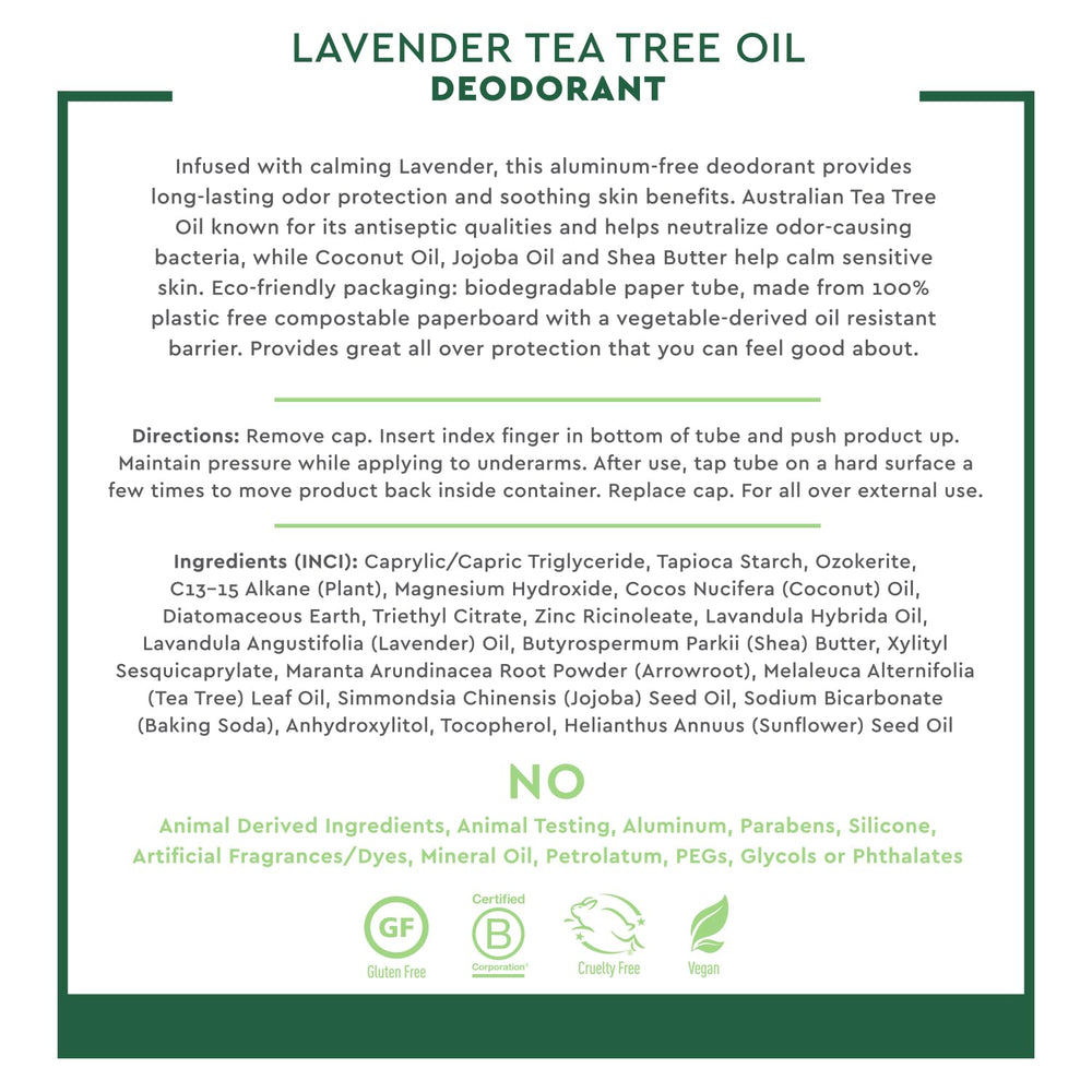 Desert Essence Tea Tree Deodorant Lavender bottle with tea tree oil emphasizing antiseptic qualities
