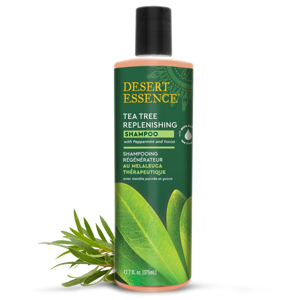 Desert Essence Tea Tree Oil Replenishing Shampoo bottle close-up for scalp refreshment