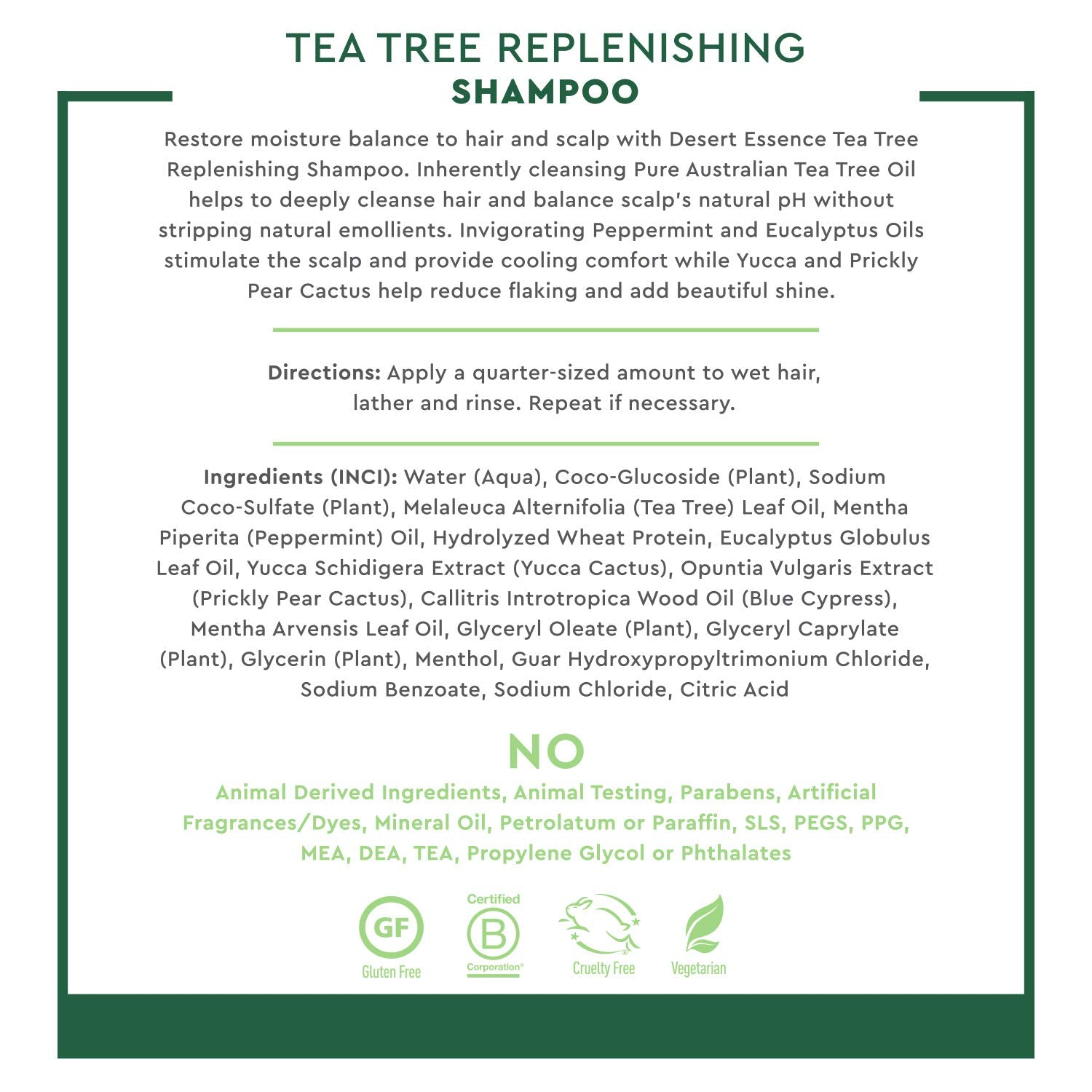 Desert Essence Tea Tree Oil Replenishing Shampoo eucalyptus aroma delivers soothing, invigorating wash