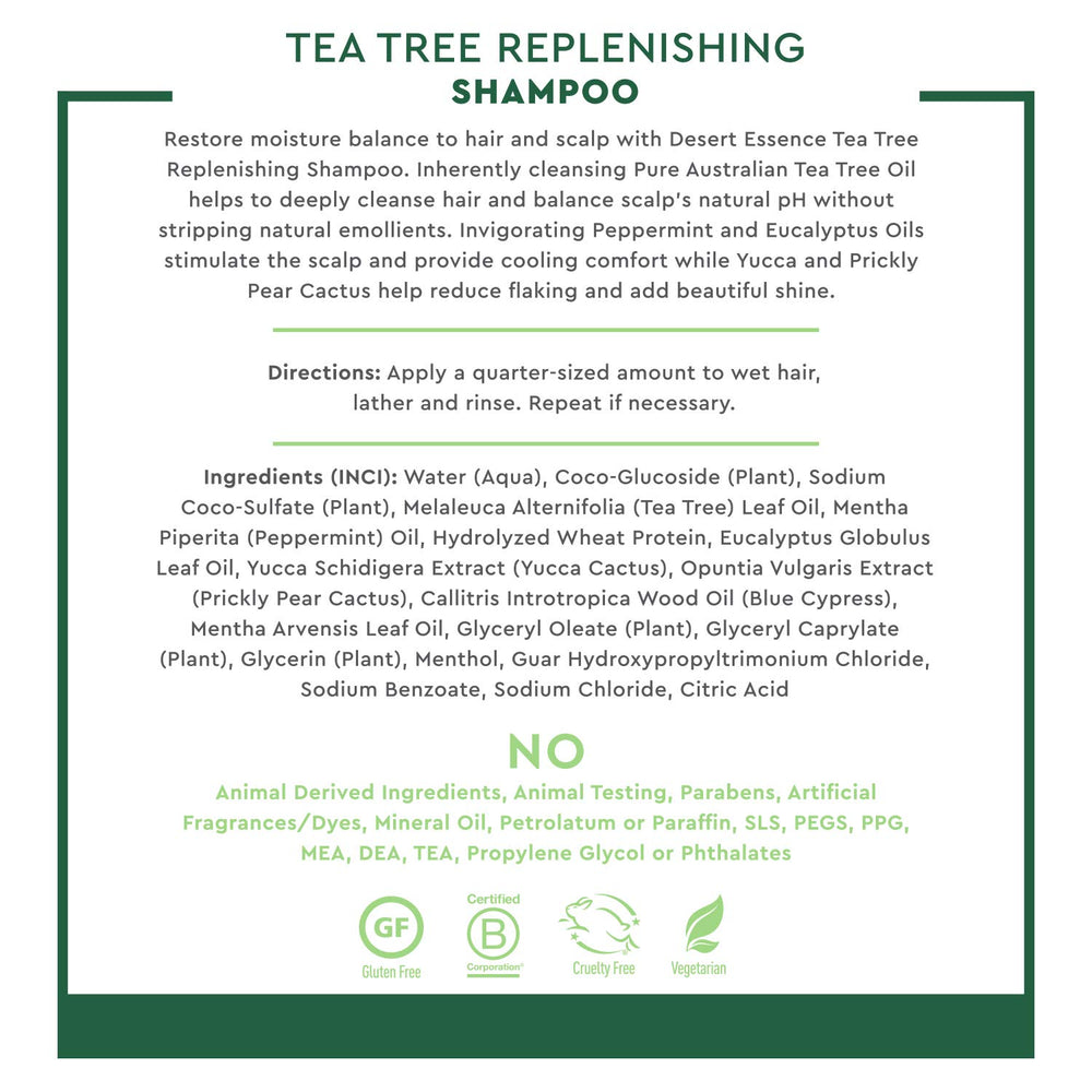 Desert Essence Tea Tree Oil Replenishing Shampoo eucalyptus aroma delivers soothing, invigorating wash