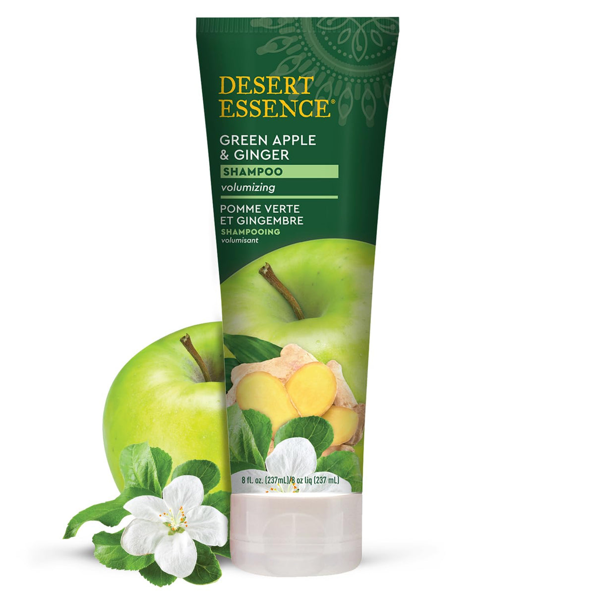 Desert Essence thickening shampoo bottle with green apple and ginger for fuller-looking hair.