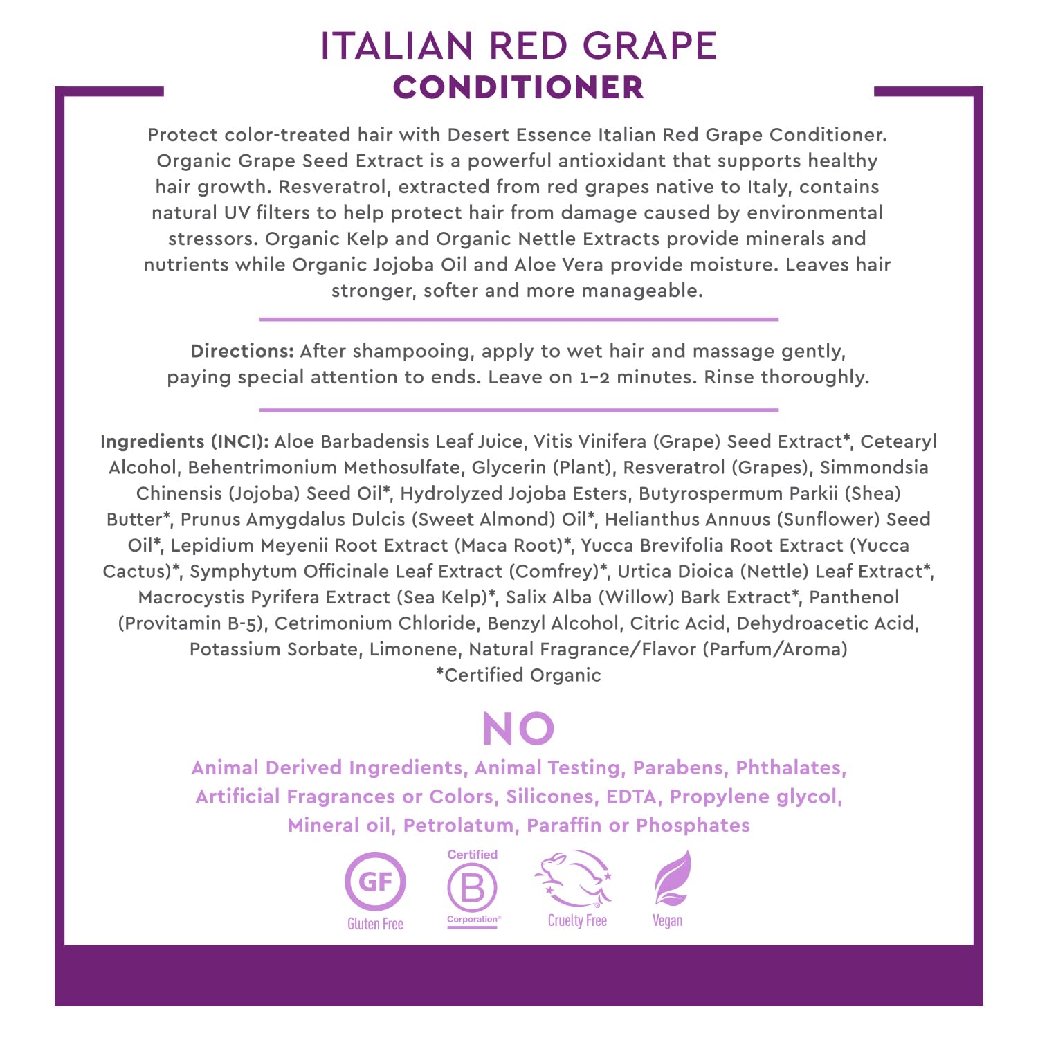 Desert Essence vegan cruelty-free label indicates ethical, sulfate-free conditioning