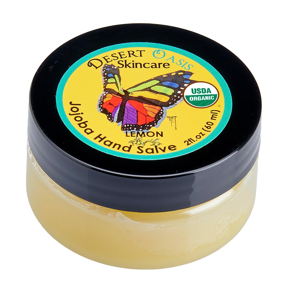 Desert Oasis Skincare Lemon Hand Salve jar nourishes dry skin.