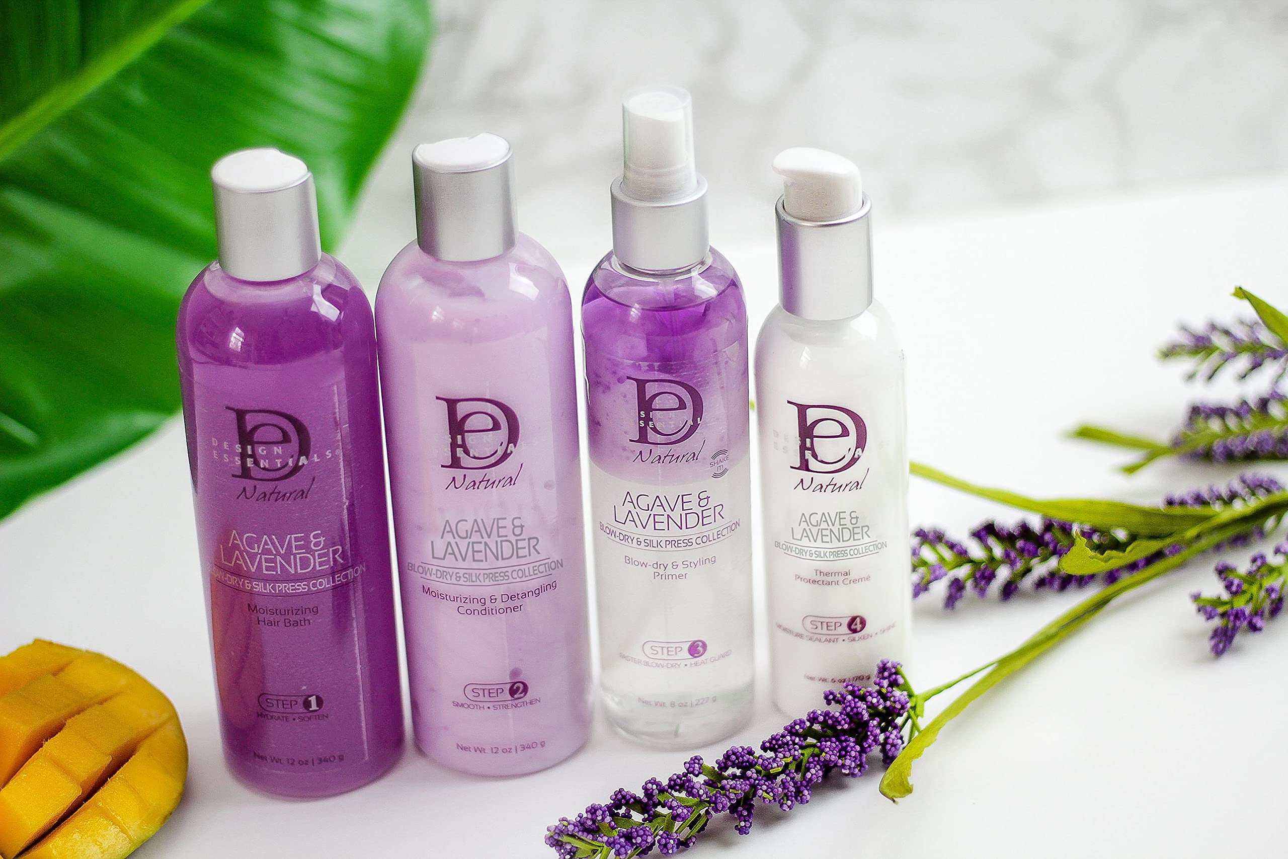Design Essentials Agave & Lavender silk press finish captures sleek hair with smoother detangling.