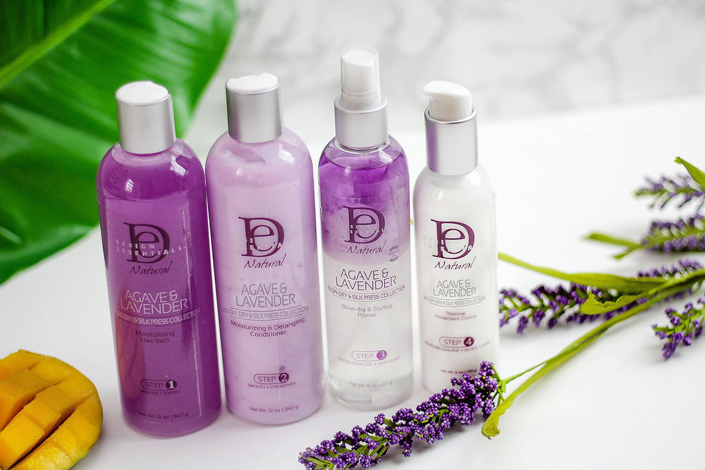 Design Essentials Agave & Lavender silk press finish captures sleek hair with smoother detangling.