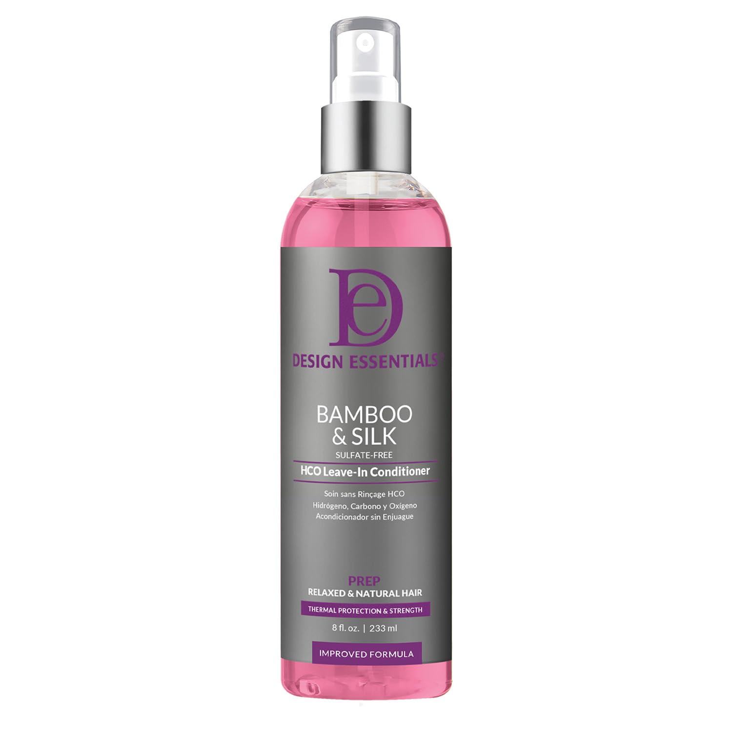 Design Essentials Bamboo & Silk HCO Leave-In bottle with spray, lightweight conditioning and heat protection.
