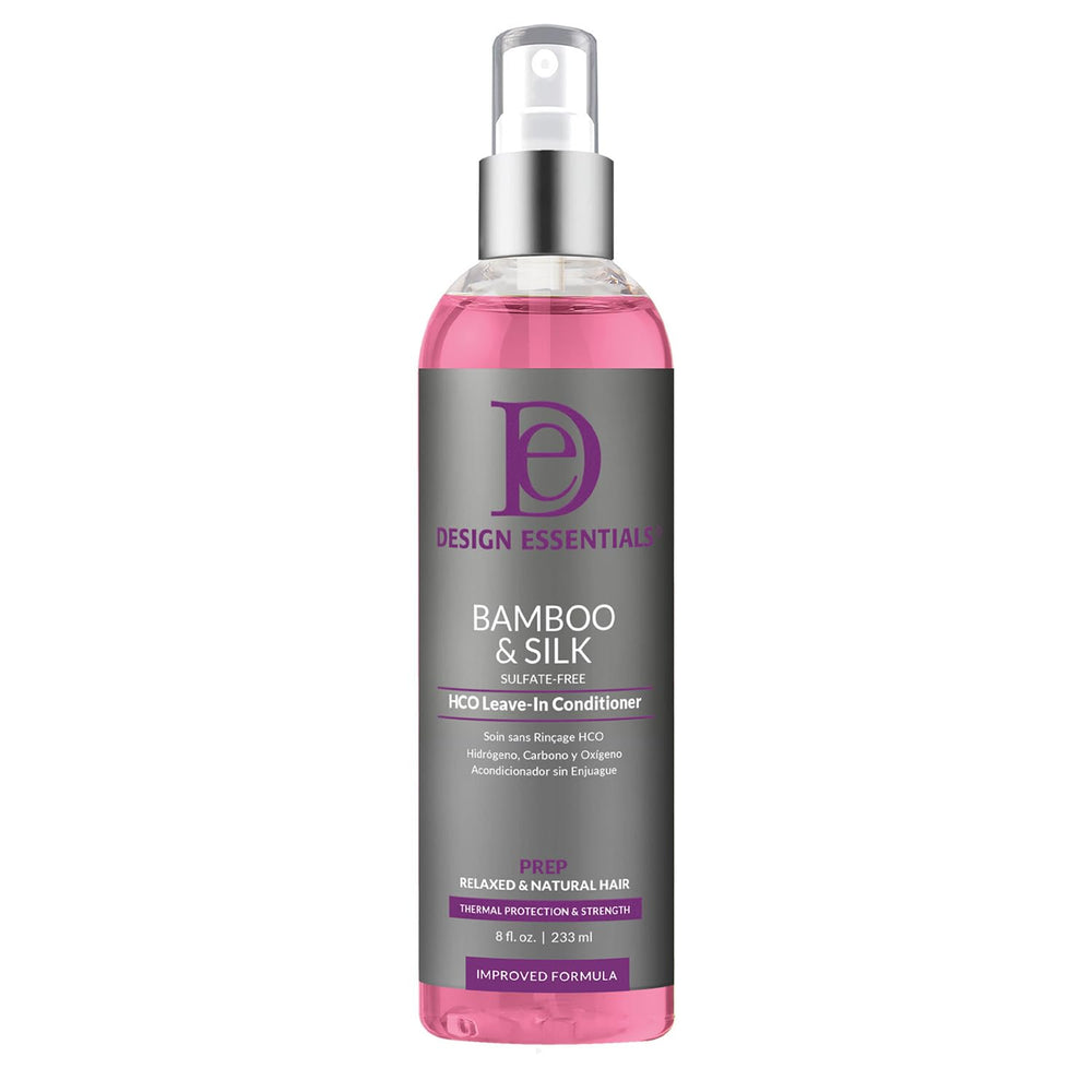 Design Essentials Bamboo & Silk HCO Leave-In bottle with spray, lightweight conditioning and heat protection.