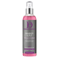Design Essentials Bamboo & Silk HCO Leave-In bottle with spray, lightweight conditioning and heat protection.