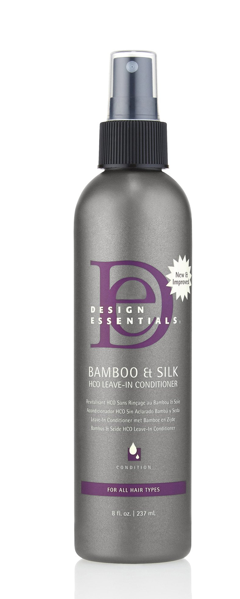 Design Essentials Bamboo & Silk HCO Leave-In Conditioner bottle shows detangling and thermal protection benefits