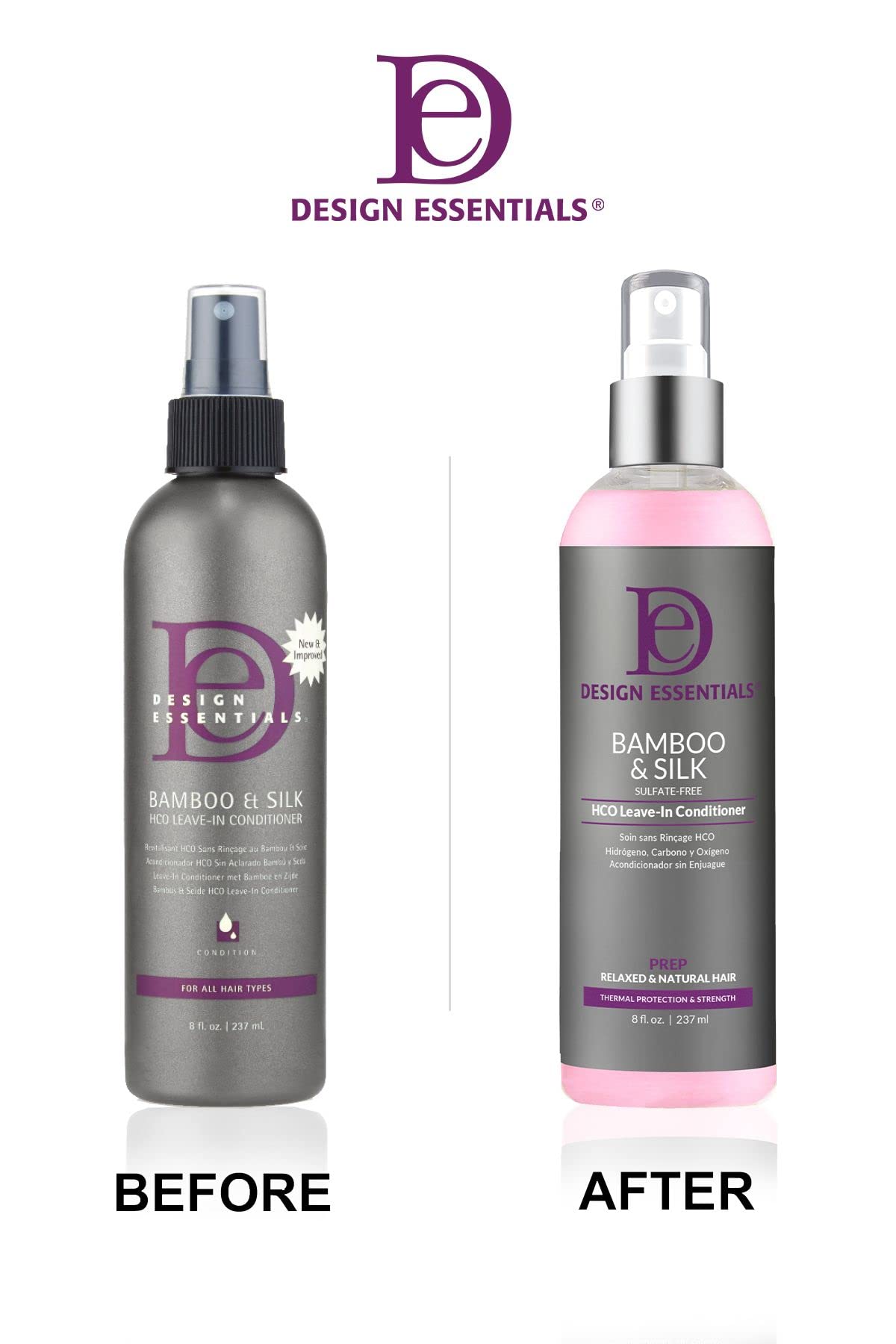 Design Essentials Bamboo & Silk HCO Leave-In bottle with shine results and smoother texture.