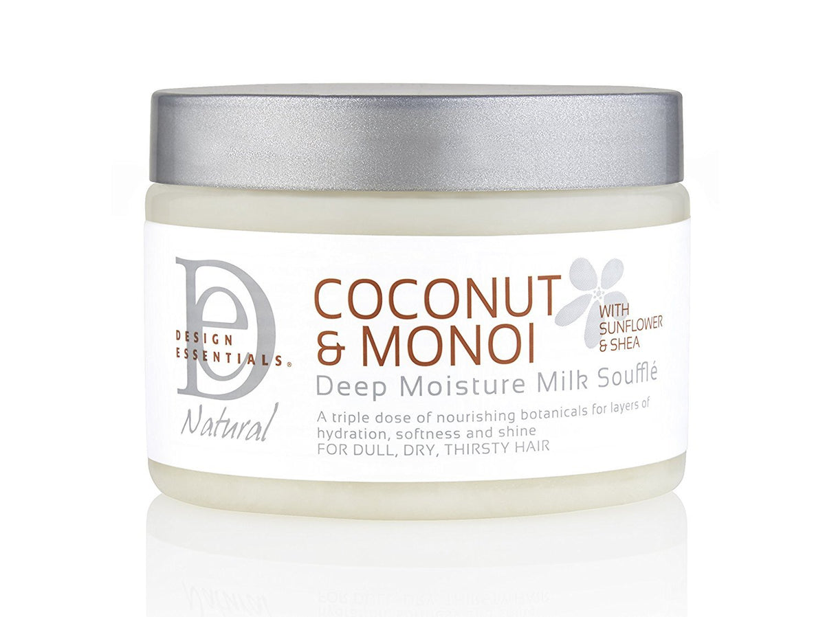 Design Essentials Deep Moisture Milk Souffle bottle shows lightweight moisture for frizz-free curls.