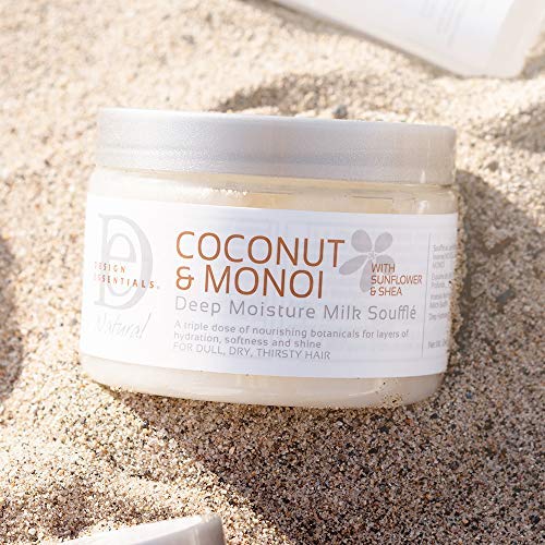 Design Essentials Deep Moisture Milk Souffle haircare routine shot suggests effortless styling.