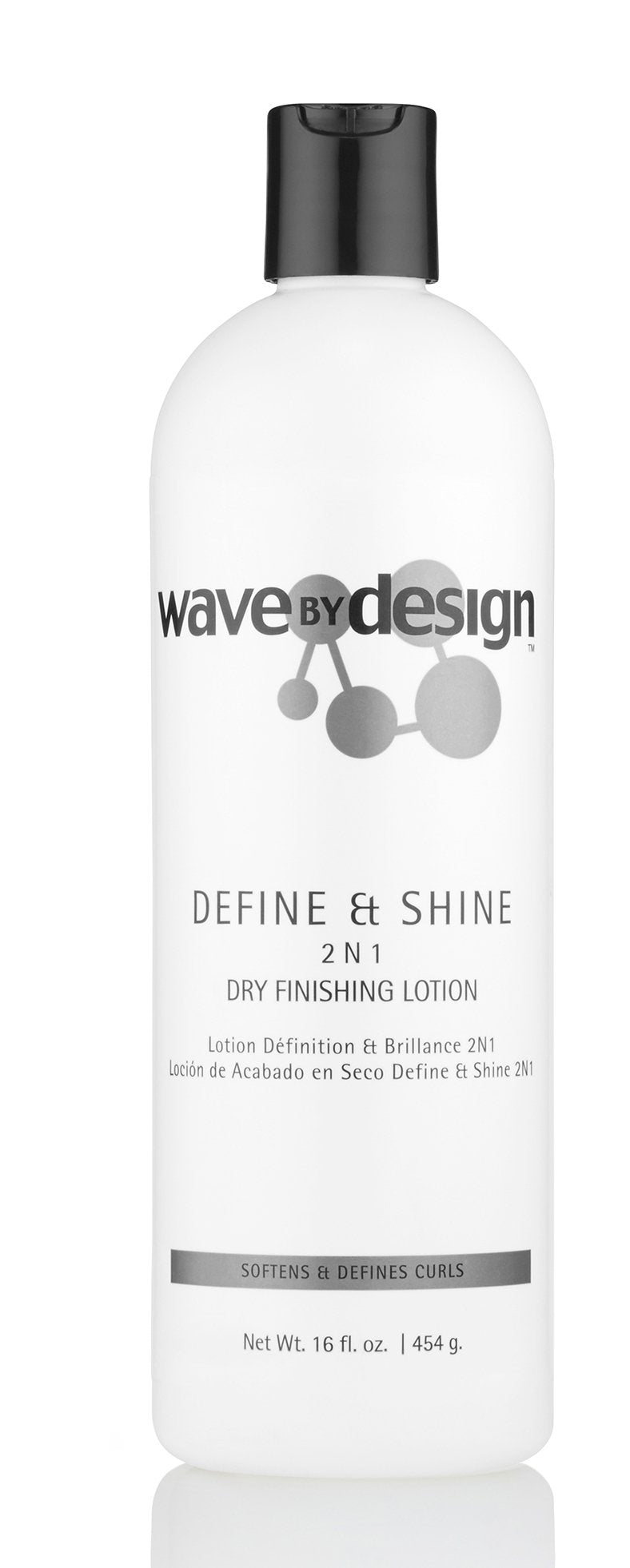 Design Essentials Define & Shine bottle front shows lightweight finish for frizz control and shine.