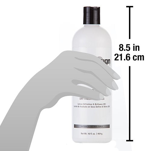 Design Essentials Define & Shine packaging shows 16 oz bottle for at-home styling protection.