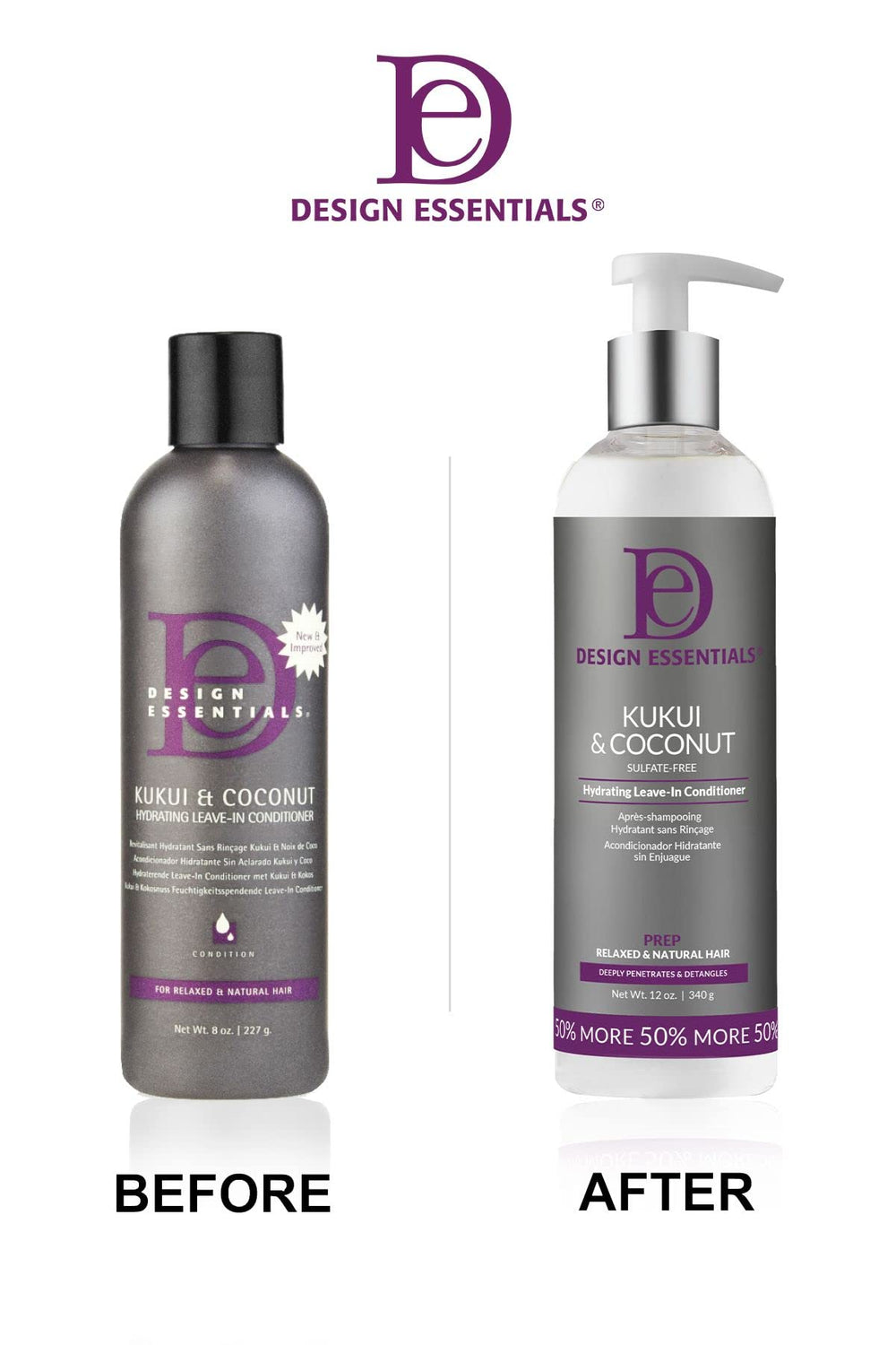 Design Essentials Kukui And Coconut hydrating leave-in packaging on shelf emphasizing sulfate-free claim