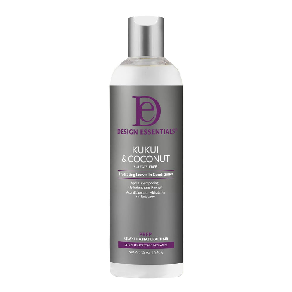 Design Essentials Kukui & Coconut leave-in bottle delivering deep moisture for dry hair
