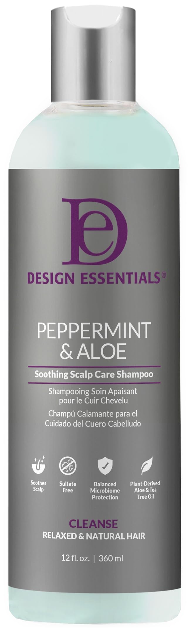 Design Essentials Peppermint and Aloe Therapeutics AntiItch Shampoo bottle provides cooling relief for itchy scalps.