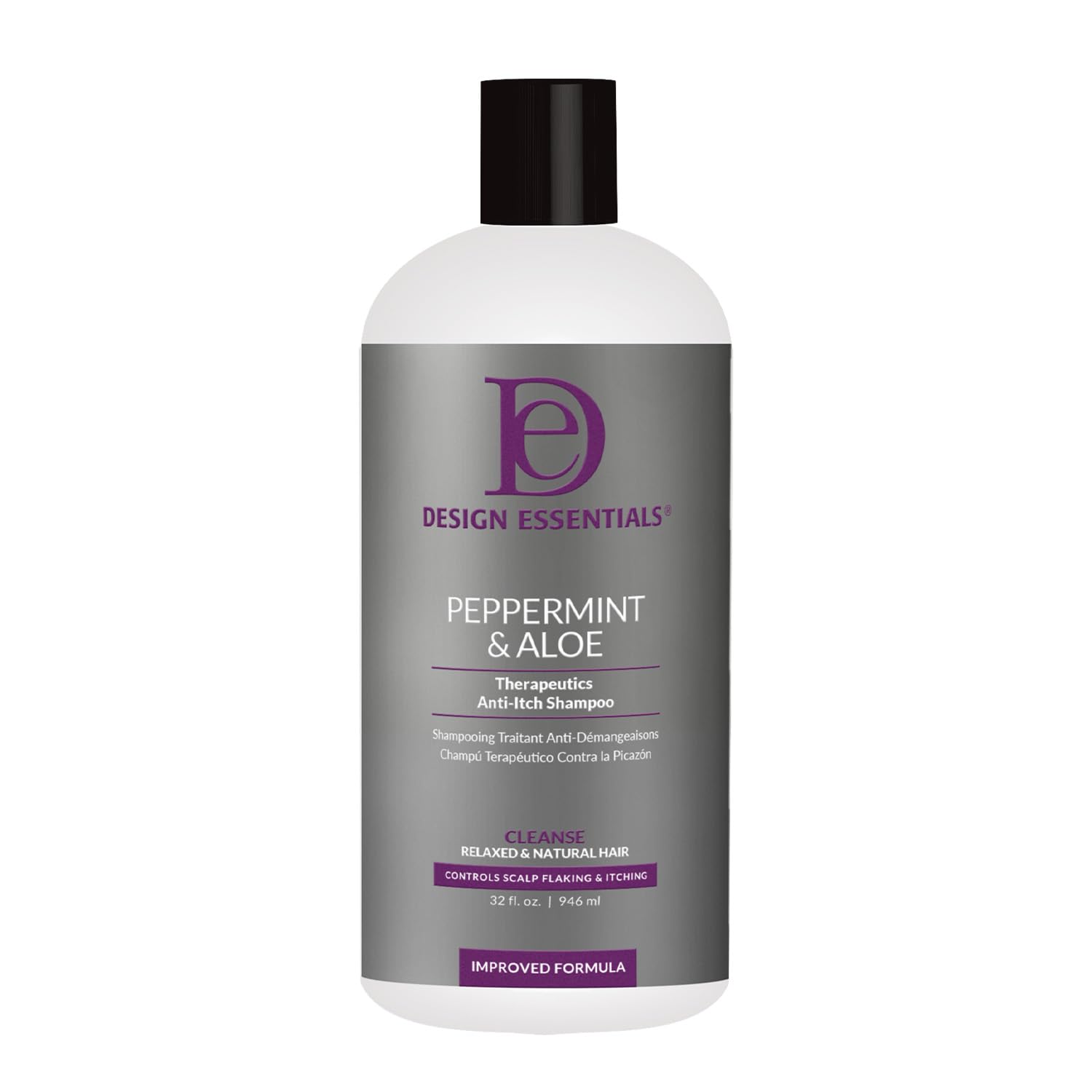 Design Essentials Peppermint Aloe Therapeutics AntiItch Shampoo bottle offers soothing relief for itchy scalp.