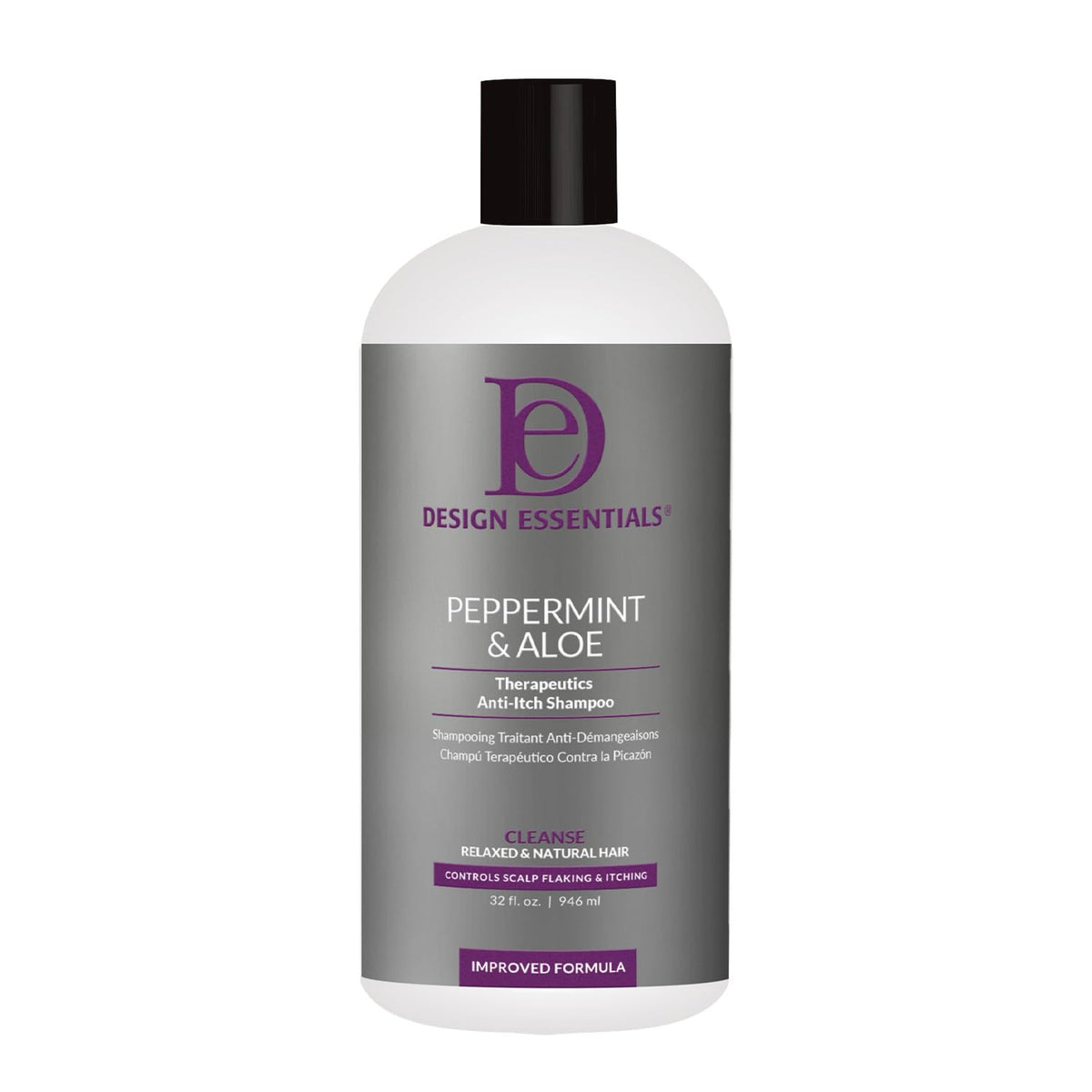Design Essentials Peppermint Aloe Therapeutics AntiItch Shampoo bottle offers soothing relief for itchy scalp.