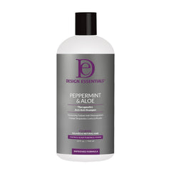 Design Essentials Peppermint Aloe Therapeutics AntiItch Shampoo bottle offers soothing relief for itchy scalp.